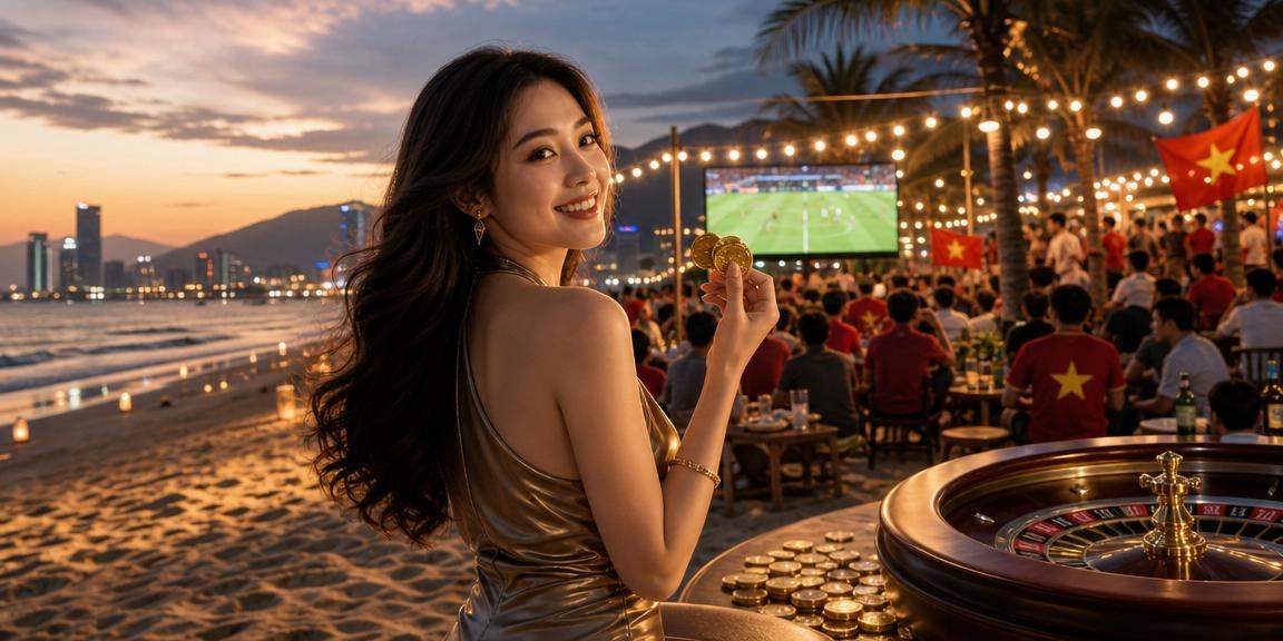 Người chơi tại Đà Nẵng ngồi cạnh bờ biển theo dõi vòng quay roulette và kiểm tra tiền thưởng